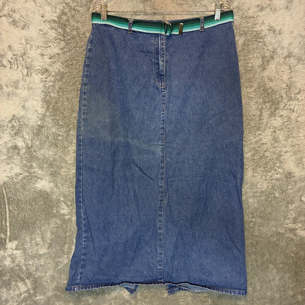 Vtg Style & Co Womens Belted Denim Maxi Skirt 14 Y2K Boho Modest Country Cowgirl